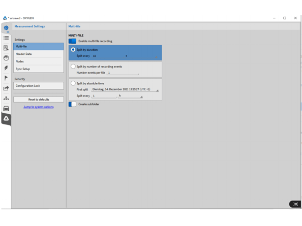  OXYGEN Software Measurement Settings Multi file Split Settings