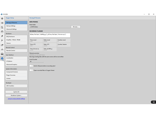  Data acquisition system software OXYGEN storage function and file name setting